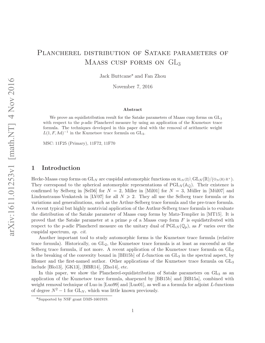 Plancherel Distribution of Satake Parameters of Maass Cusp Forms on $ GL 3$