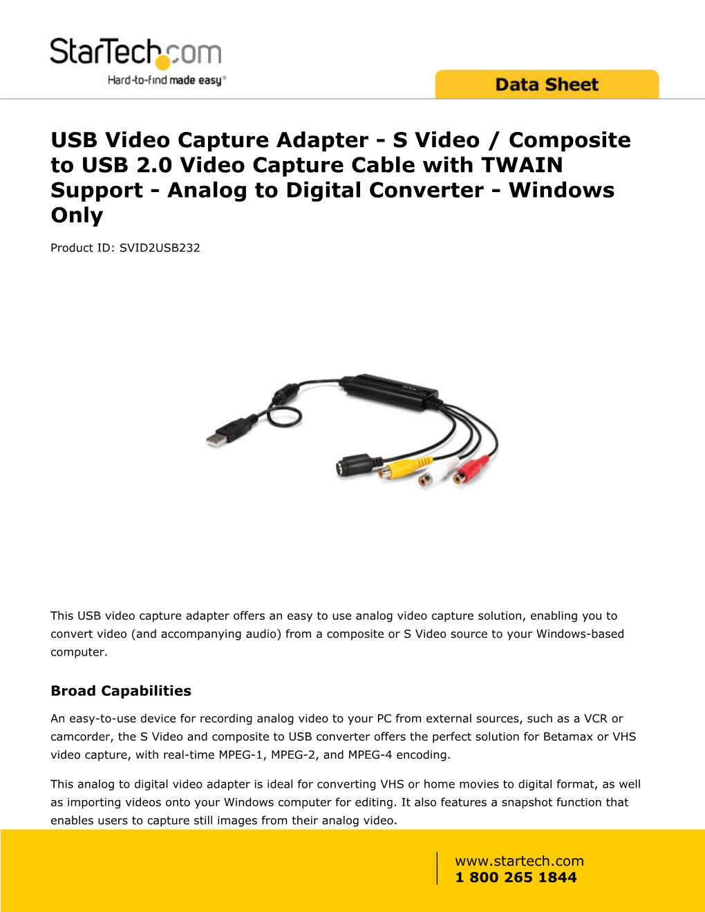 USB Video Capture Adapter - S Video / Composite to USB 2.0 Video Capture Cable with TWAIN Support - Analog to Digital Converter - Windows Only