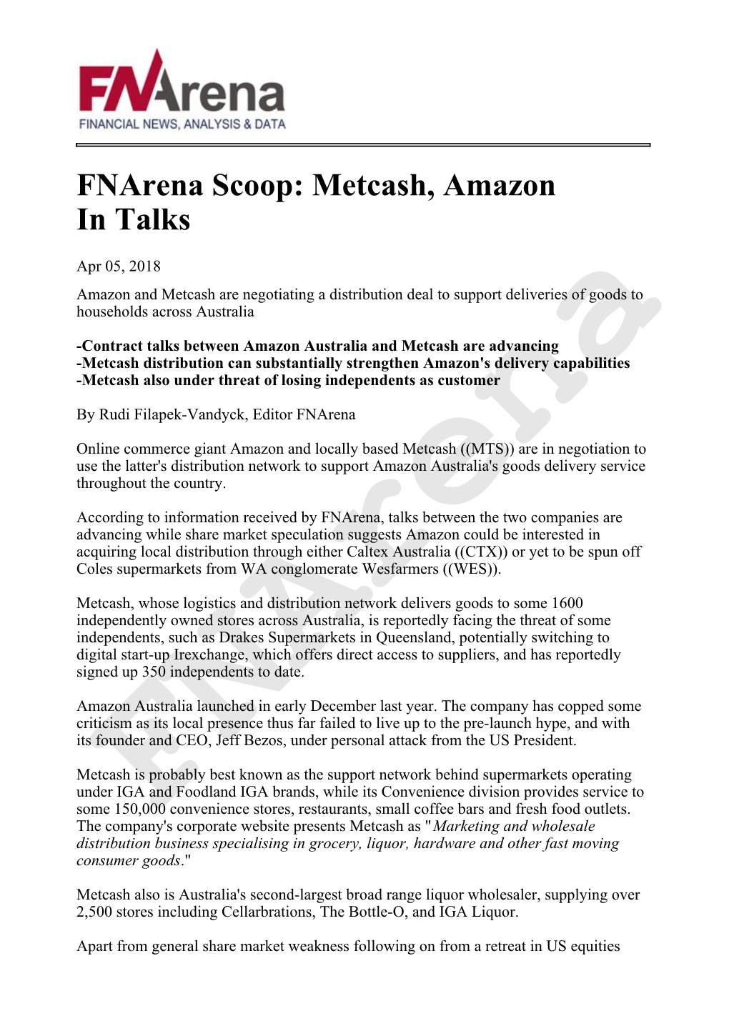 Fnarena Scoop: Metcash, Amazon in Talks