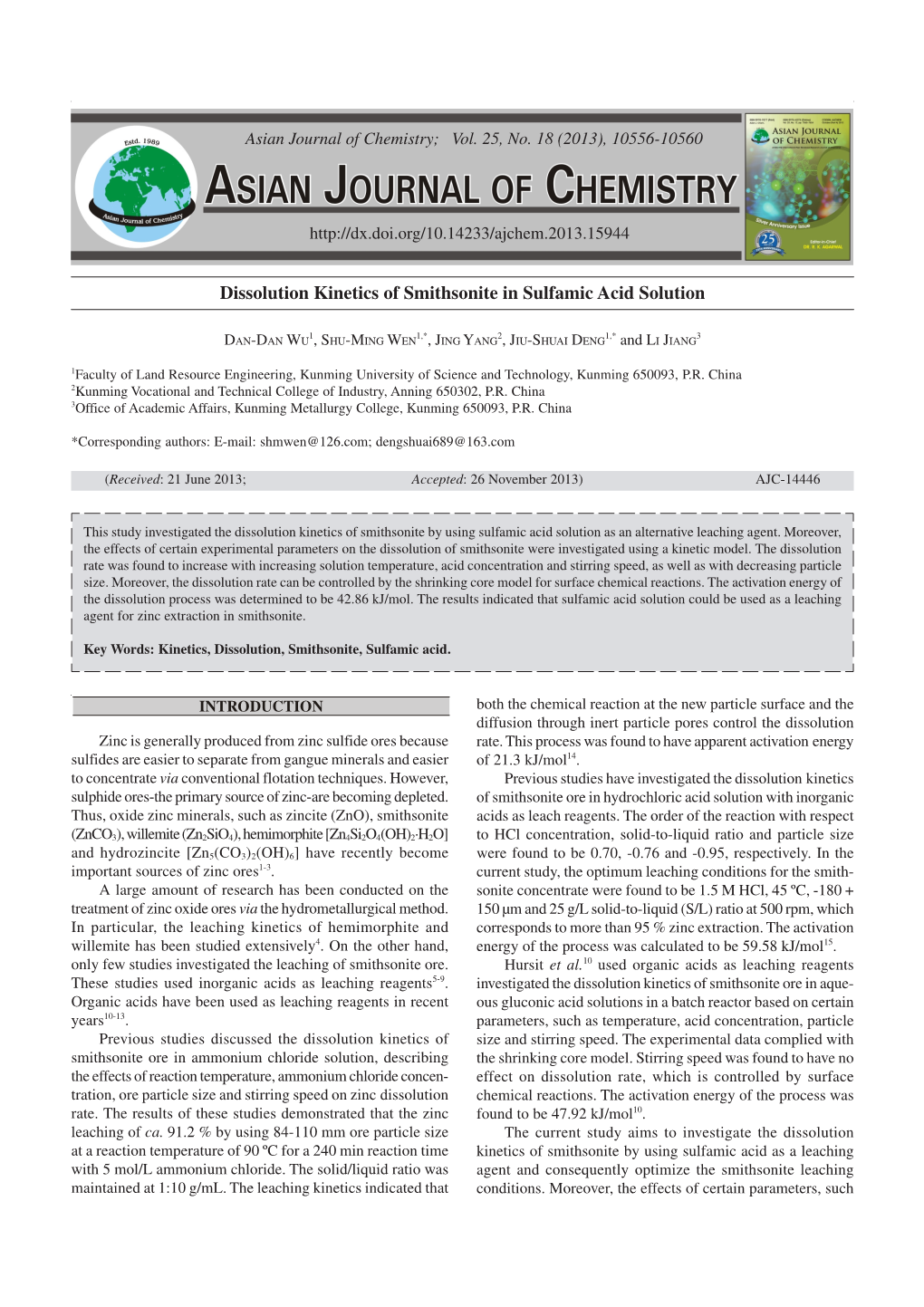 Dissolution Kinetics of Smithsonite in Sulfamic Acid Solution