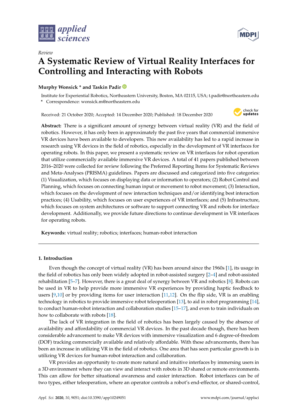 A Systematic Review of Virtual Reality Interfaces for Controlling and Interacting with Robots