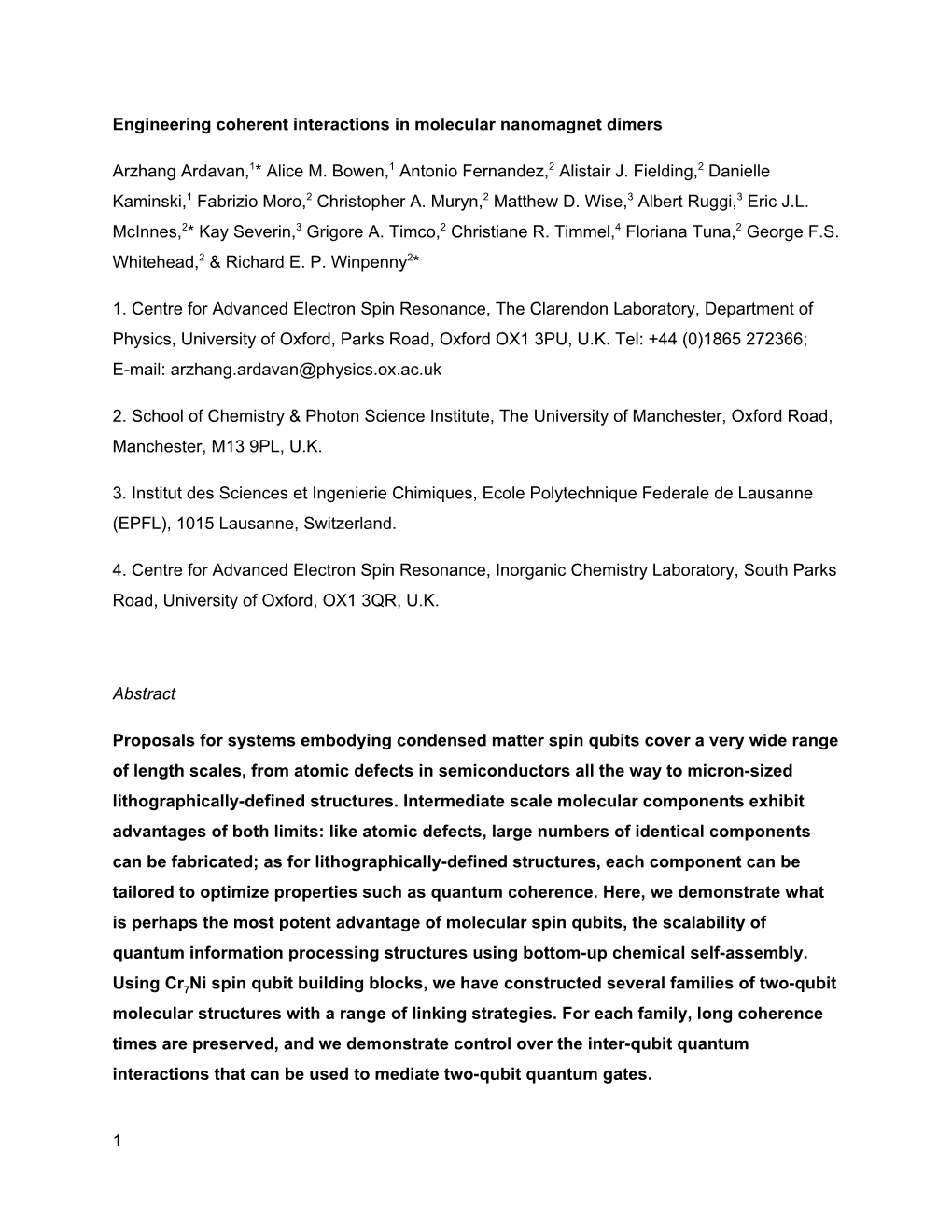 Engineering Coherent Interactions in Molecular Nanomagnet Dimers Arzhang Ardavan,​1​ * Alice M. Bowen,​1​ An