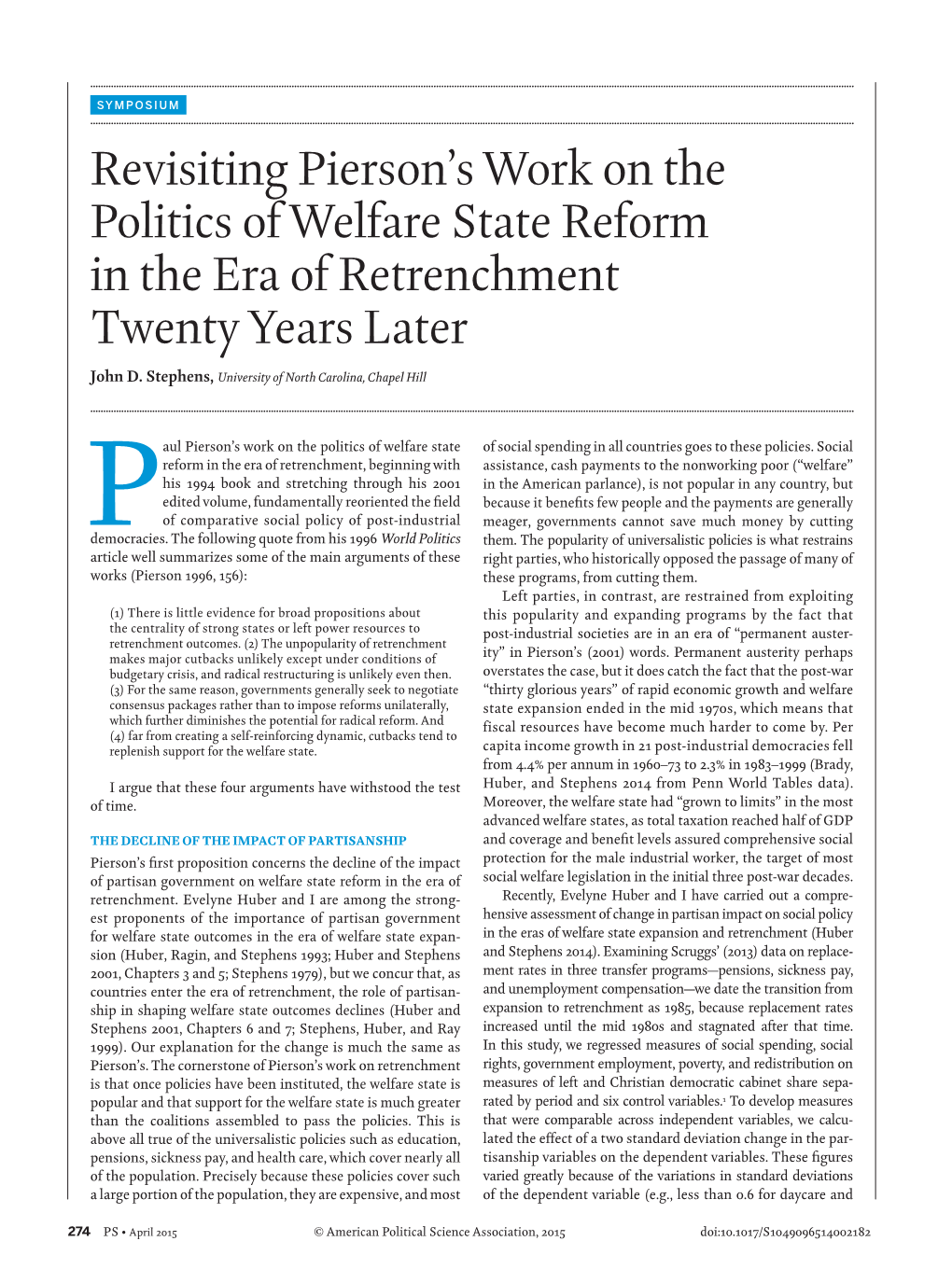 Revisiting Pierson's Work on the Politics of Welfare State Reform In