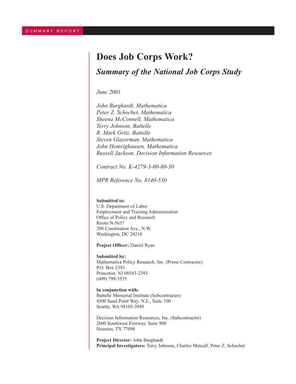 Does Job Corps Work? Summary of the National Job Corps Study