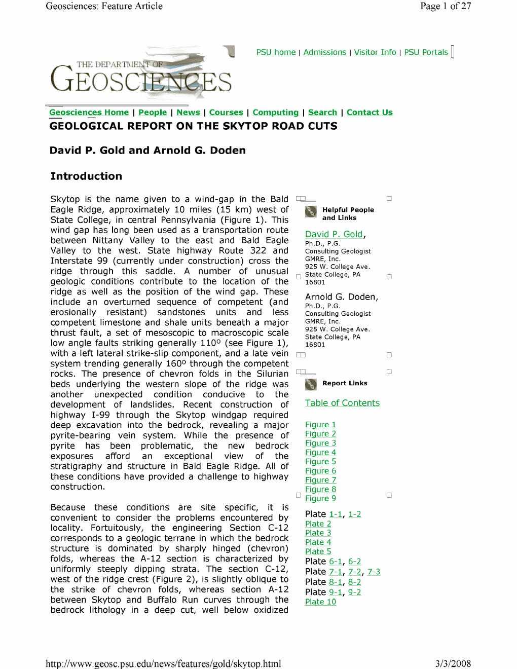 Geological Report on the Skytop Road Cuts, Pennsylvania State