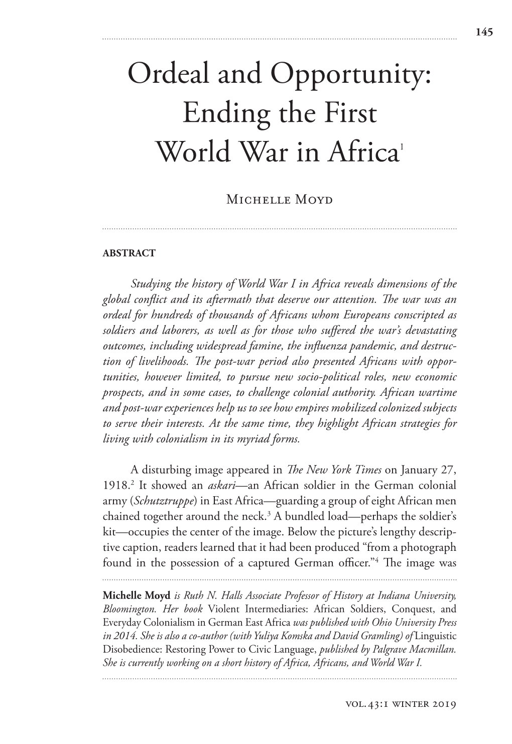 Ordeal and Opportunity: Ending the First World War in Africa1