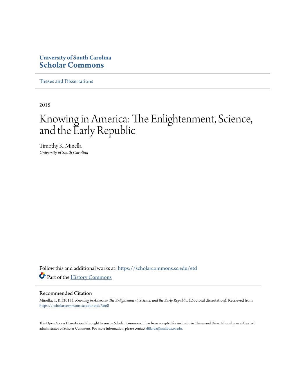 Knowing in America: the Enlightenment, Science, and the Early Republic