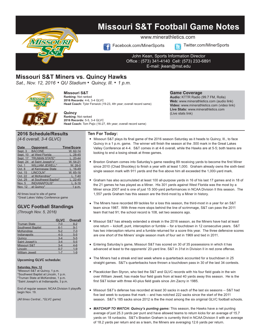 Missouri S&T Football Game Notes