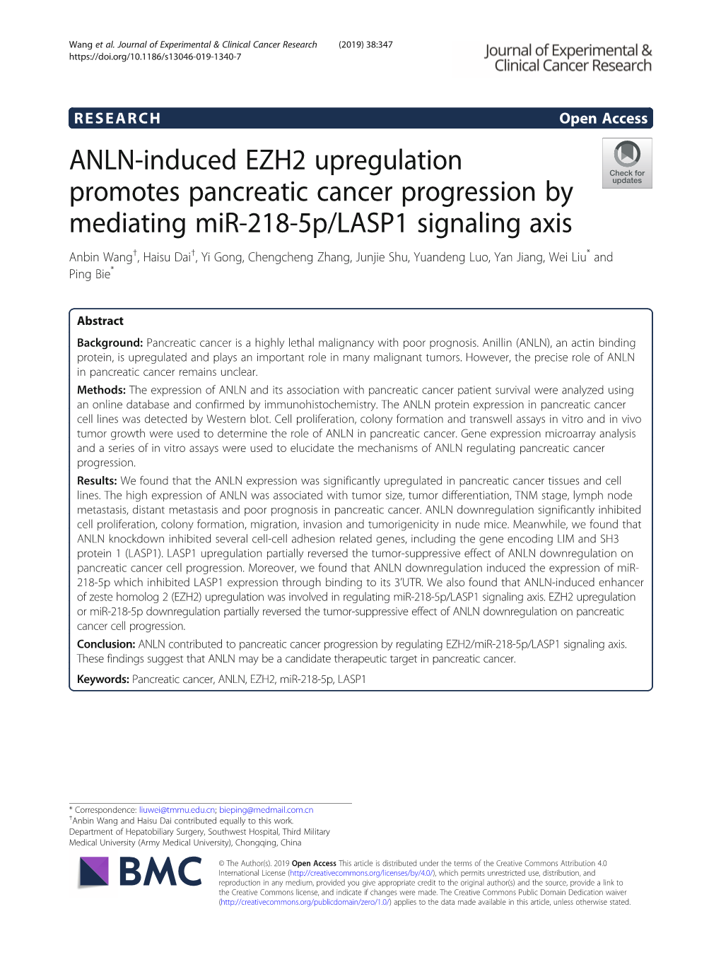 ANLN-Induced EZH2 Upregulation Promotes Pancreatic Cancer