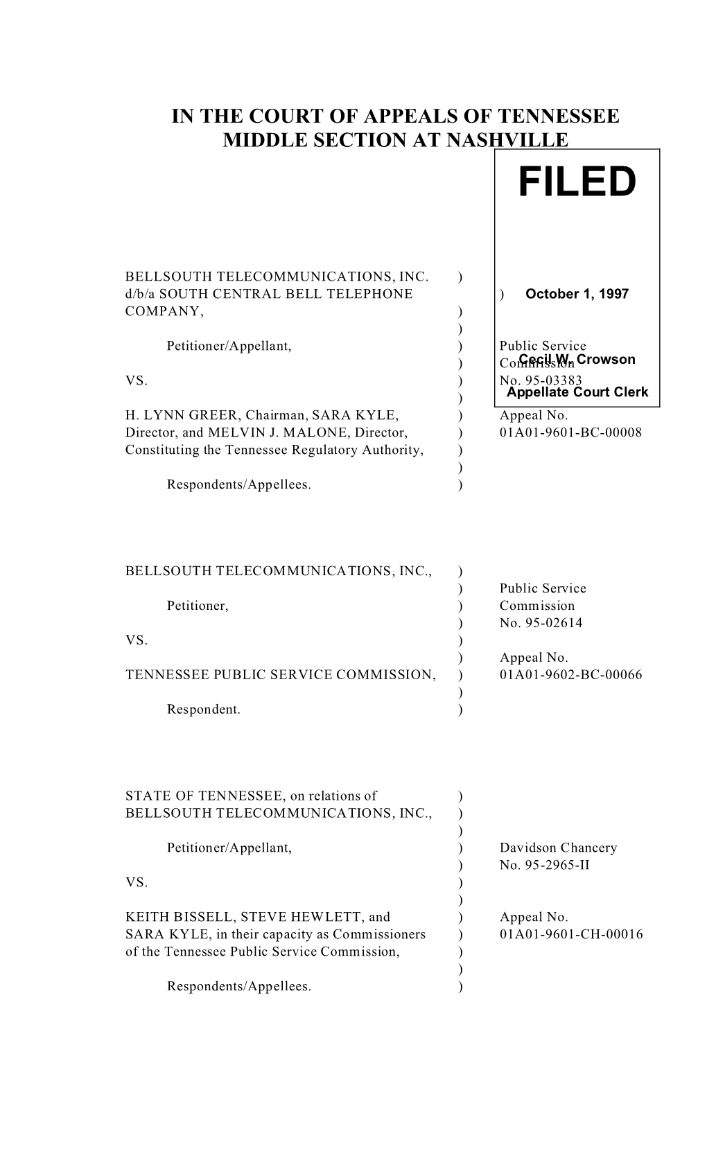 Bellsouth Telecommunications, Inc. D/B/A South Central Bell