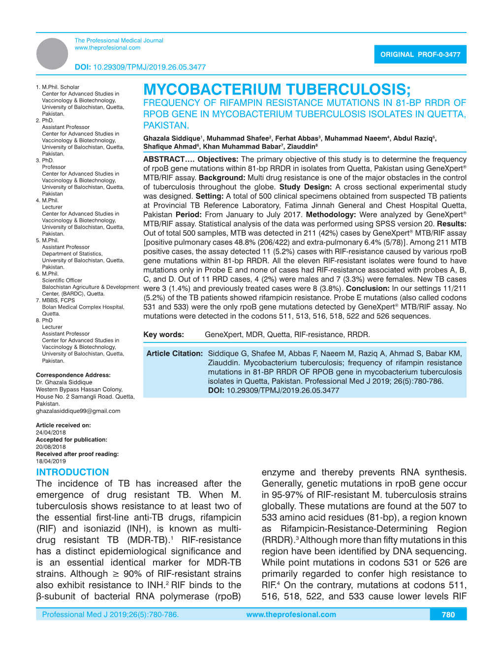 MYCOBACTERIUM TUBERCULOSIS; Vaccinology & Biotechnology, University of Balochistan, Quetta, FREQUENCY of RIFAMPIN RESISTANCE MUTATIONS in 81-BP RRDR of Pakistan