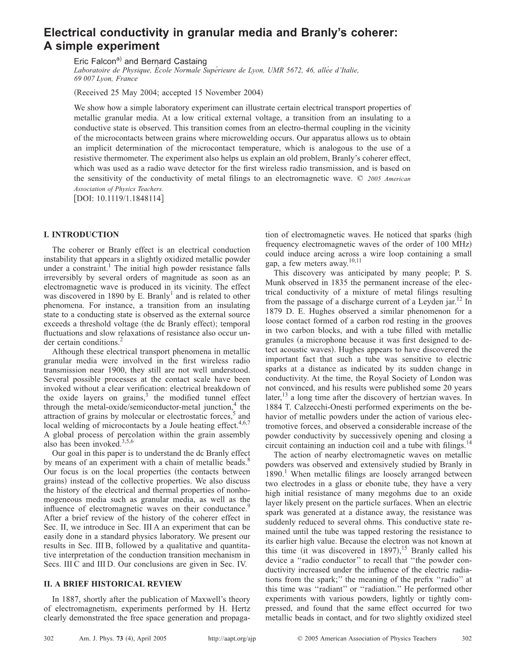 Electrical Conductivity in Granular Media and Branly's Coherer: A