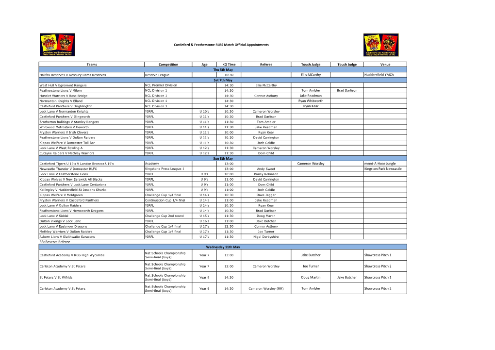 Teams Competition Age KO Time Referee Touch Judge Touch Judge