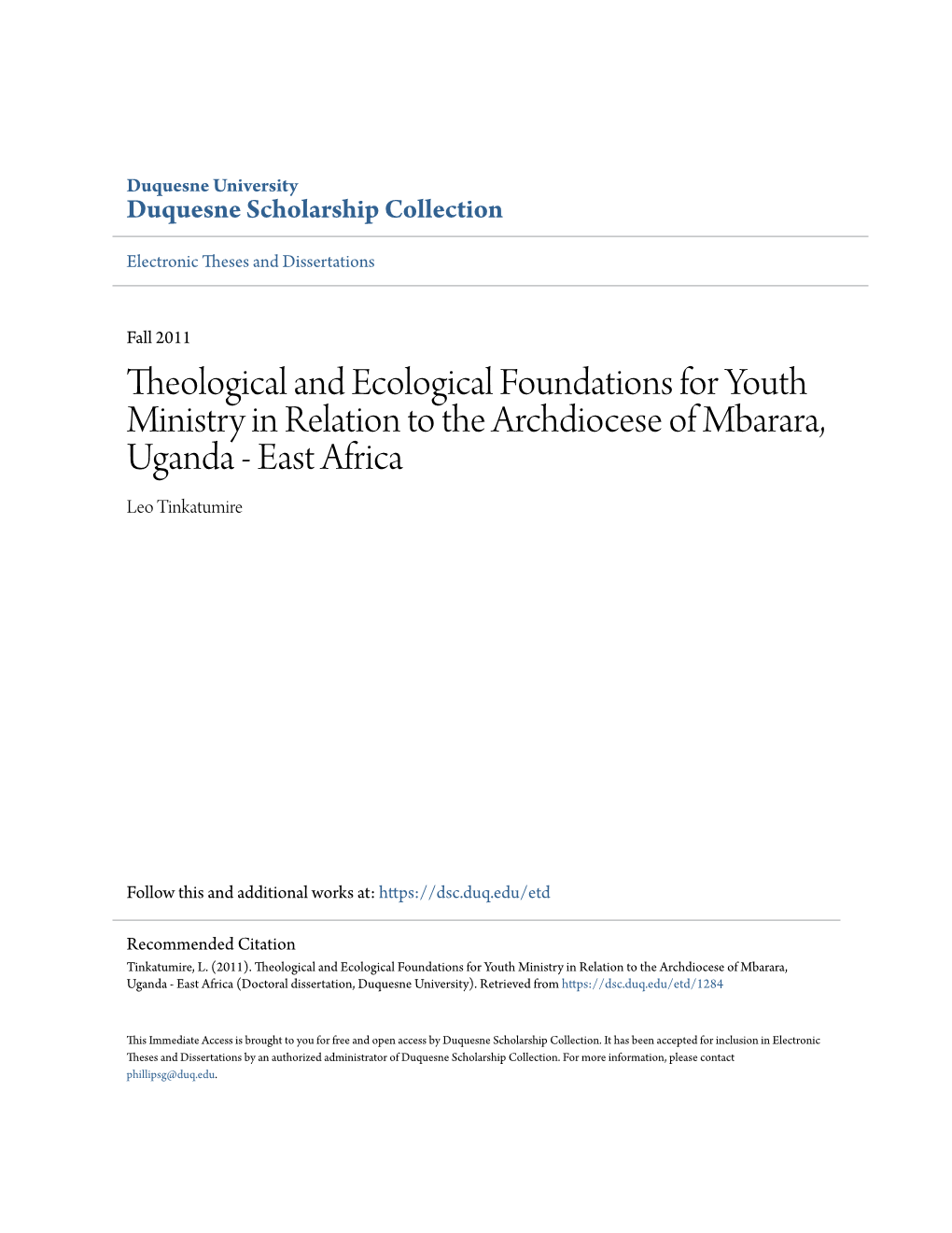 Theological and Ecological Foundations for Youth Ministry in Relation to the Archdiocese of Mbarara, Uganda - East Africa Leo Tinkatumire