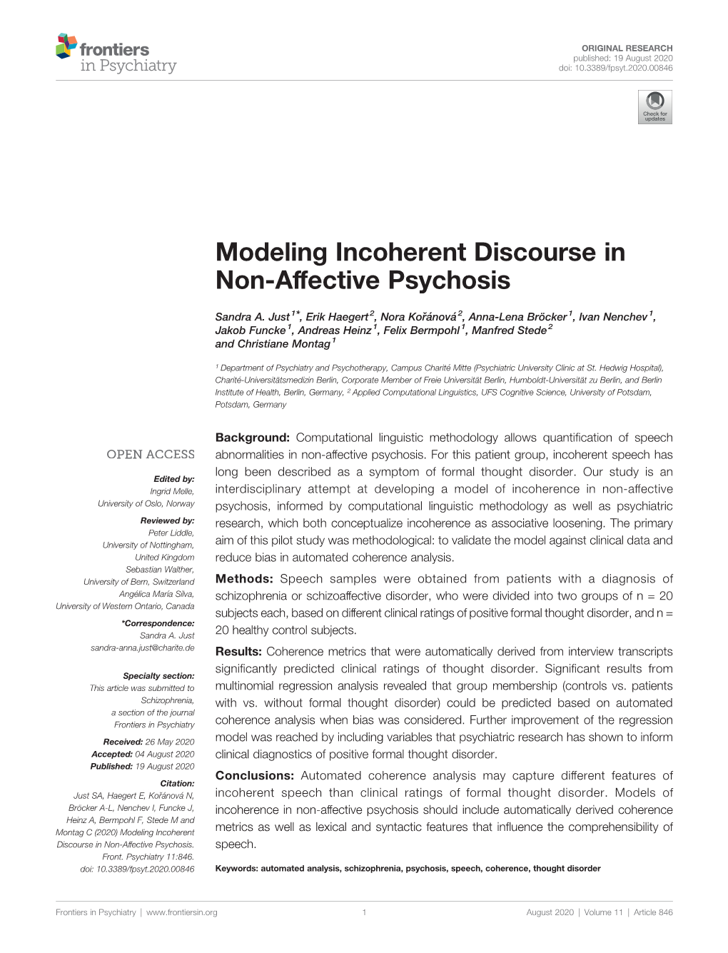 Modeling Incoherent Discourse in Non-Affective Psychosis