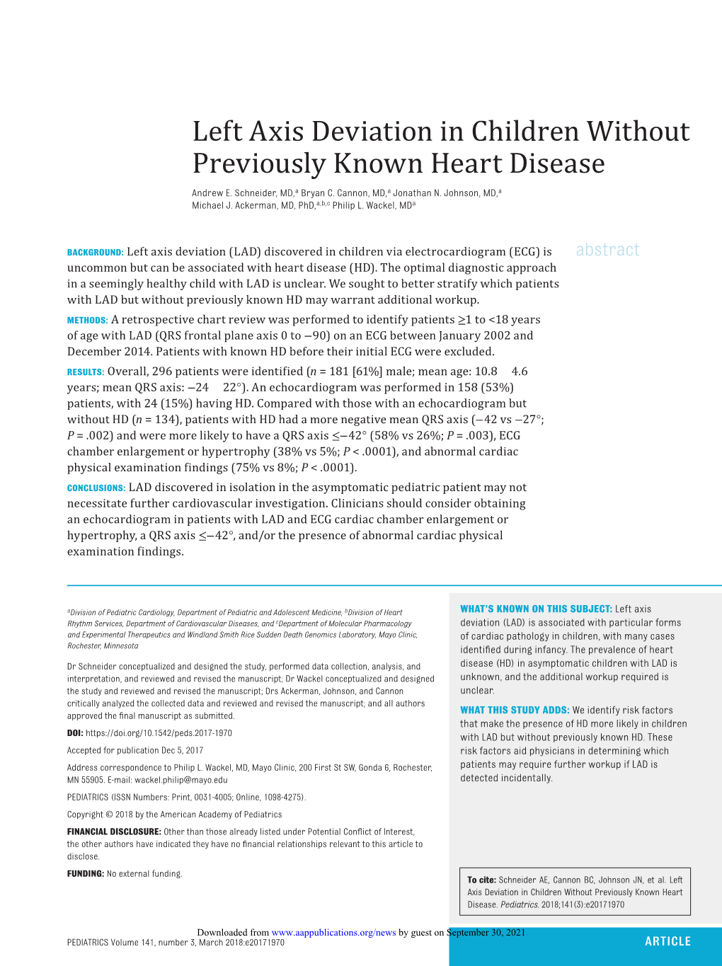 Left Axis Deviation in Children Without Previously Known Heart Disease