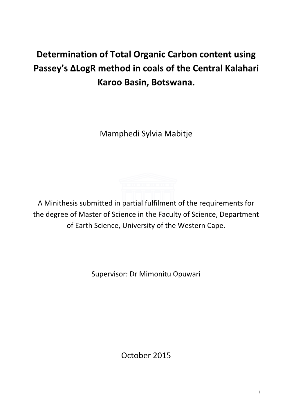 Determination of Total Organic Carbon Content Using Passey’S Δlogr Method in Coals of the Central Kalahari Karoo Basin, Botswana