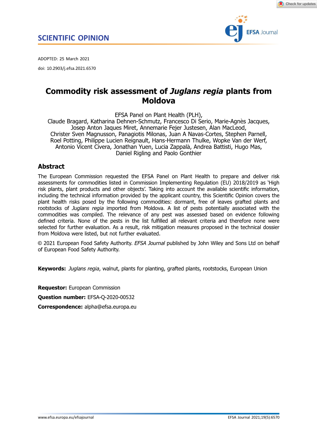 Commodity Risk Assessment of Juglans Regia Plants from Moldova