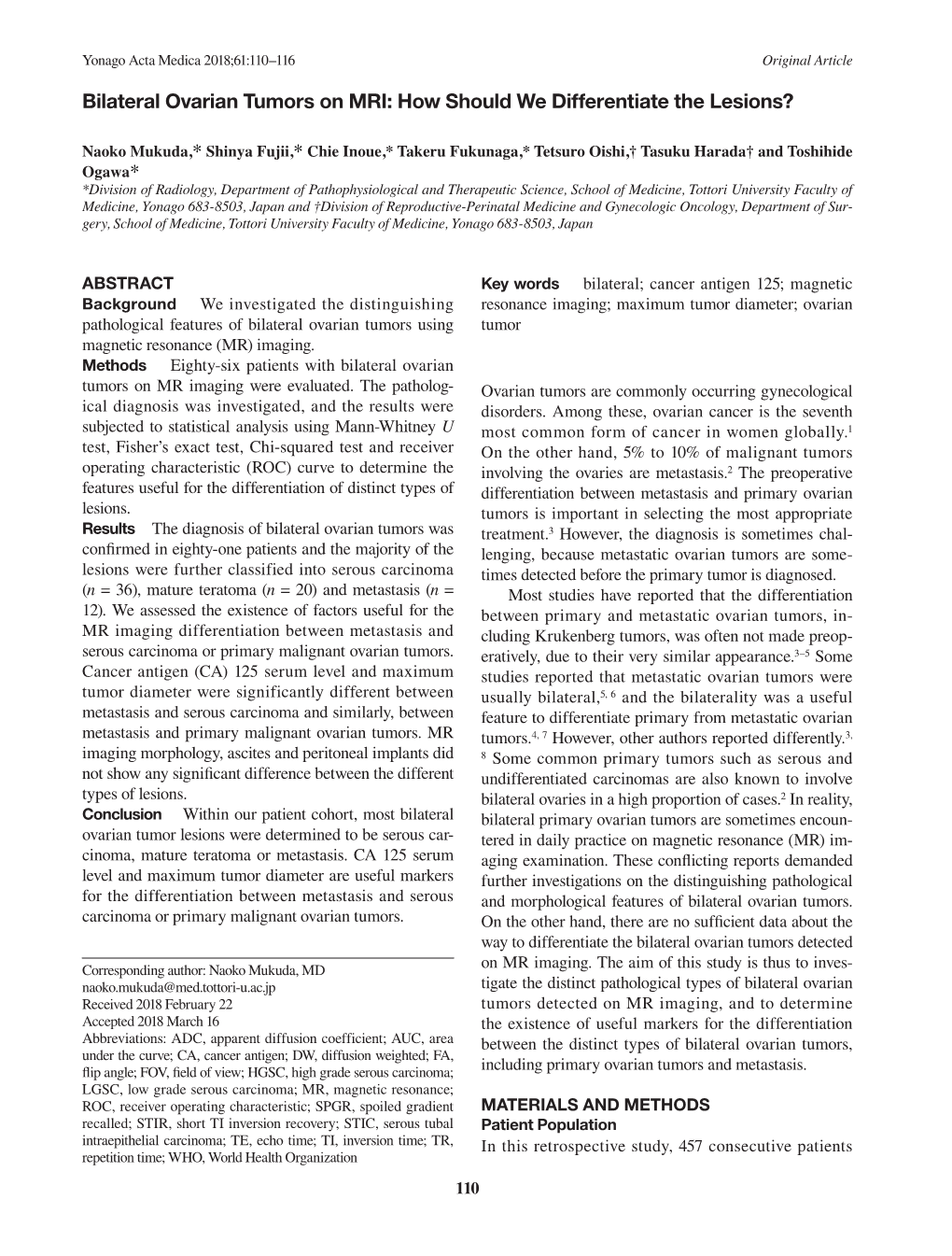 Bilateral Ovarian Tumors on MRI: How Should We Differentiate the Lesions?