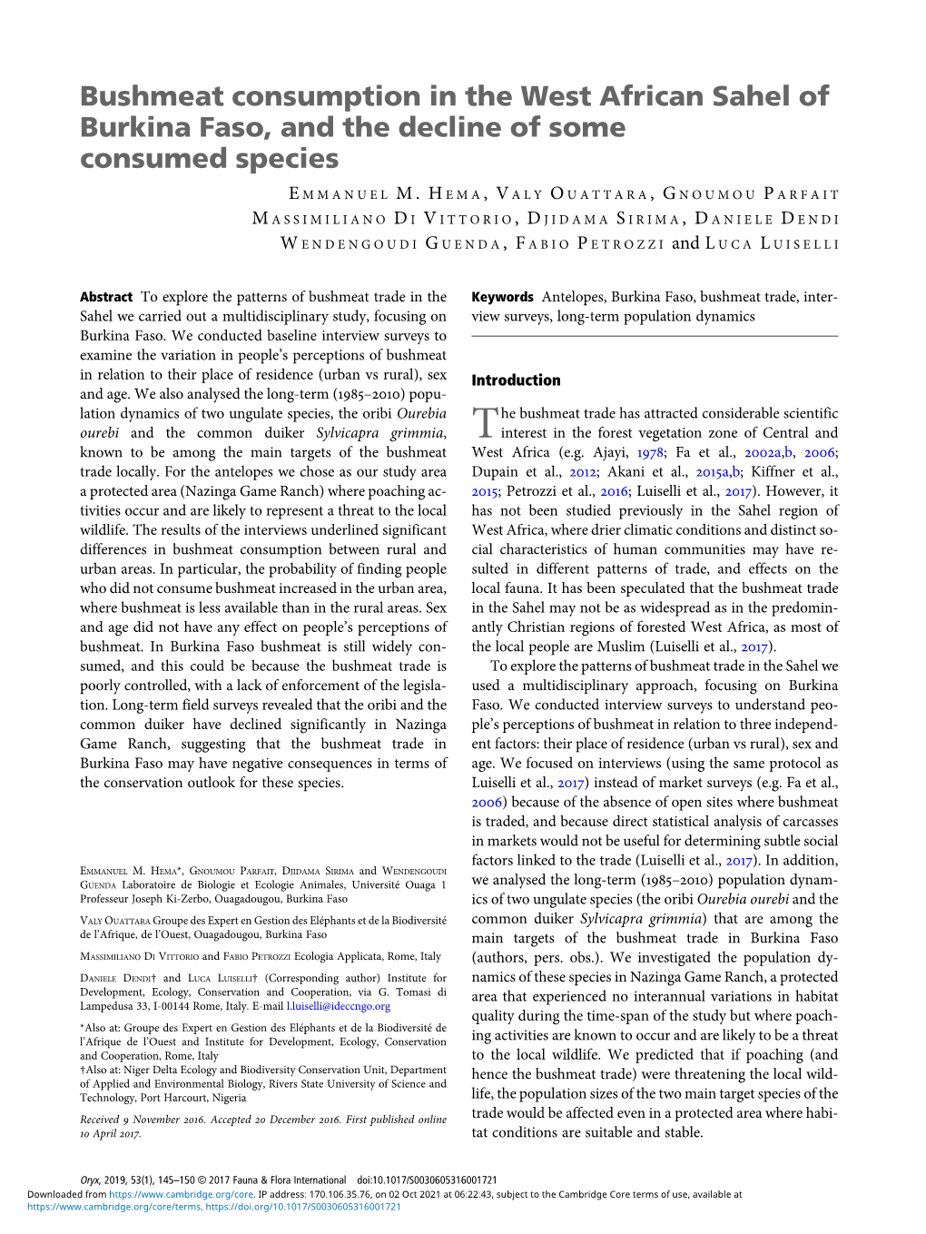 Bushmeat Consumption in the West African Sahel of Burkina Faso, and the Decline of Some Consumed Species