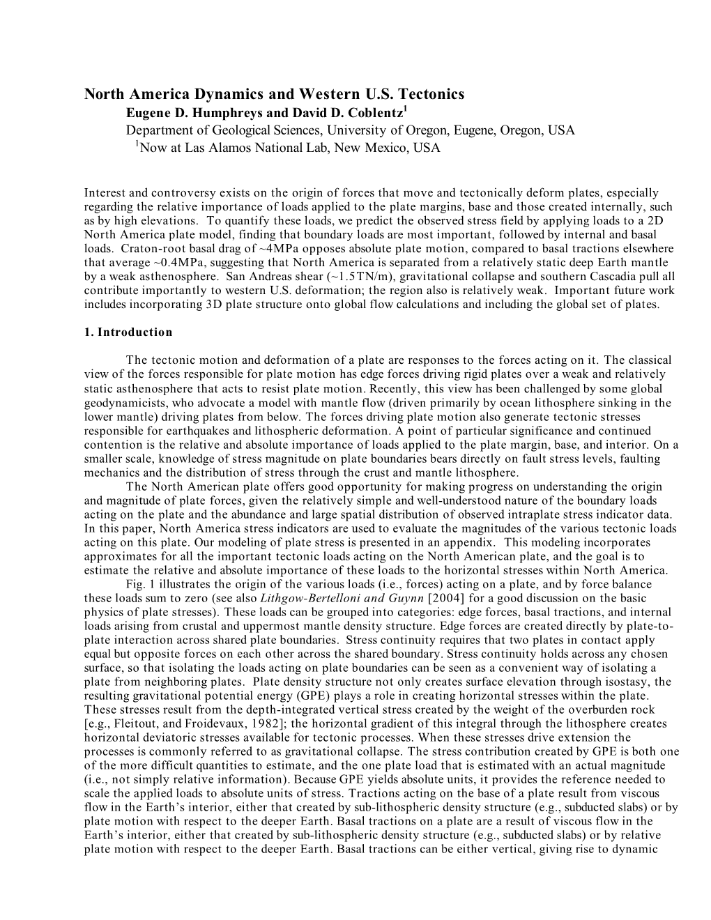 North America Dynamics and Western U.S. Tectonics Eugene D