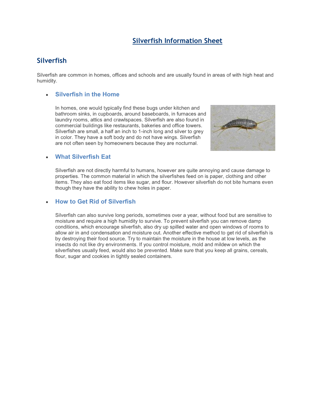 Silverfish Information Sheet Silverfish