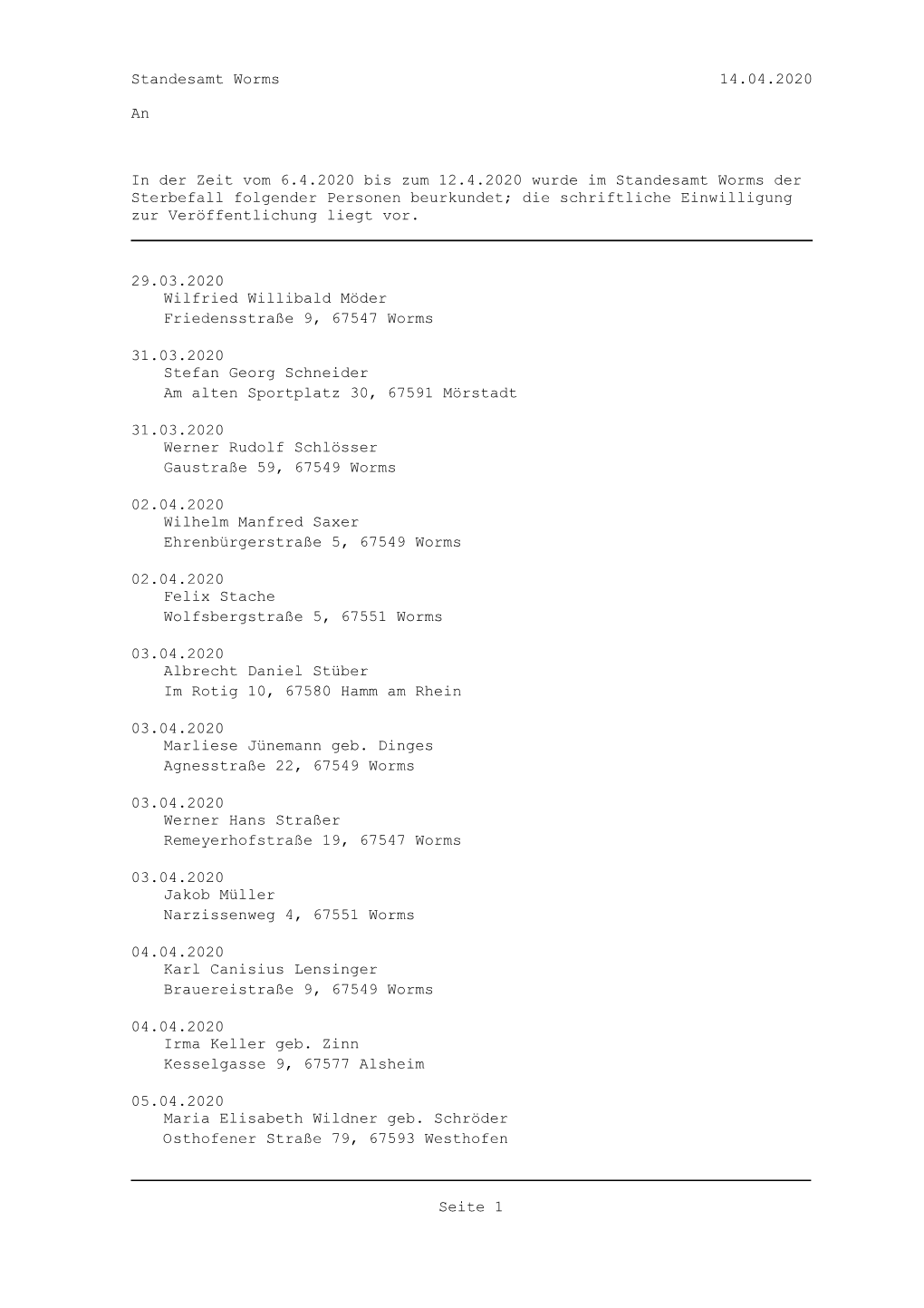 14.04.2020 Standesamt Worms an in Der Zeit Vom 6.4.2020 Bis Zum 12.4.2020 Wurde Im Standesamt Worms Der Sterbefall Folgender