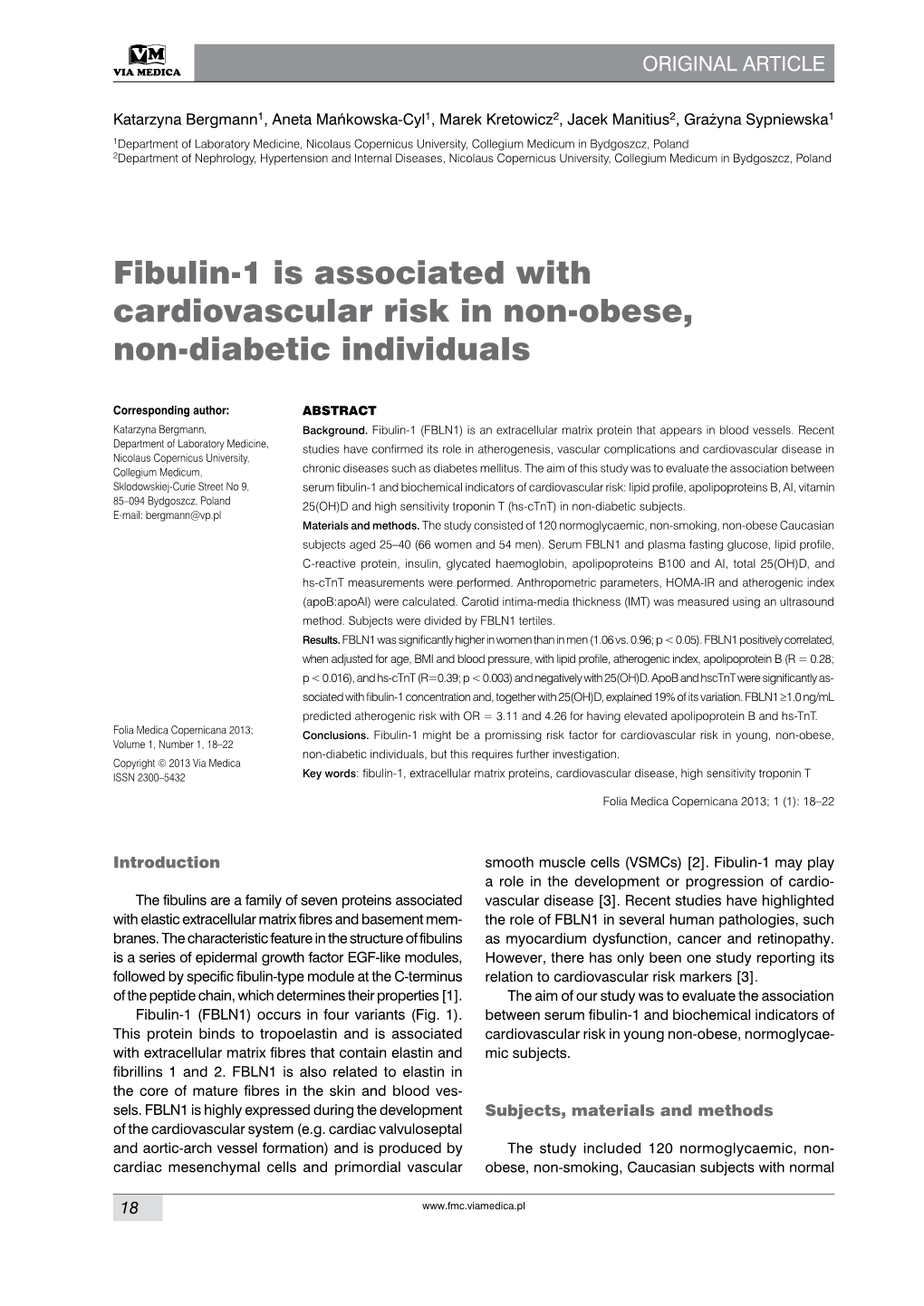 Fibulin-1 Is Associated with Cardiovascular Risk in Non-Obese, Non-Diabetic Individuals