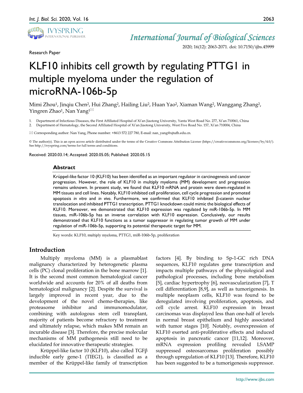 KLF10 Inhibits Cell Growth by Regulating PTTG1 in Multiple Myeloma Under the Regulation of Microrna-106B-5P