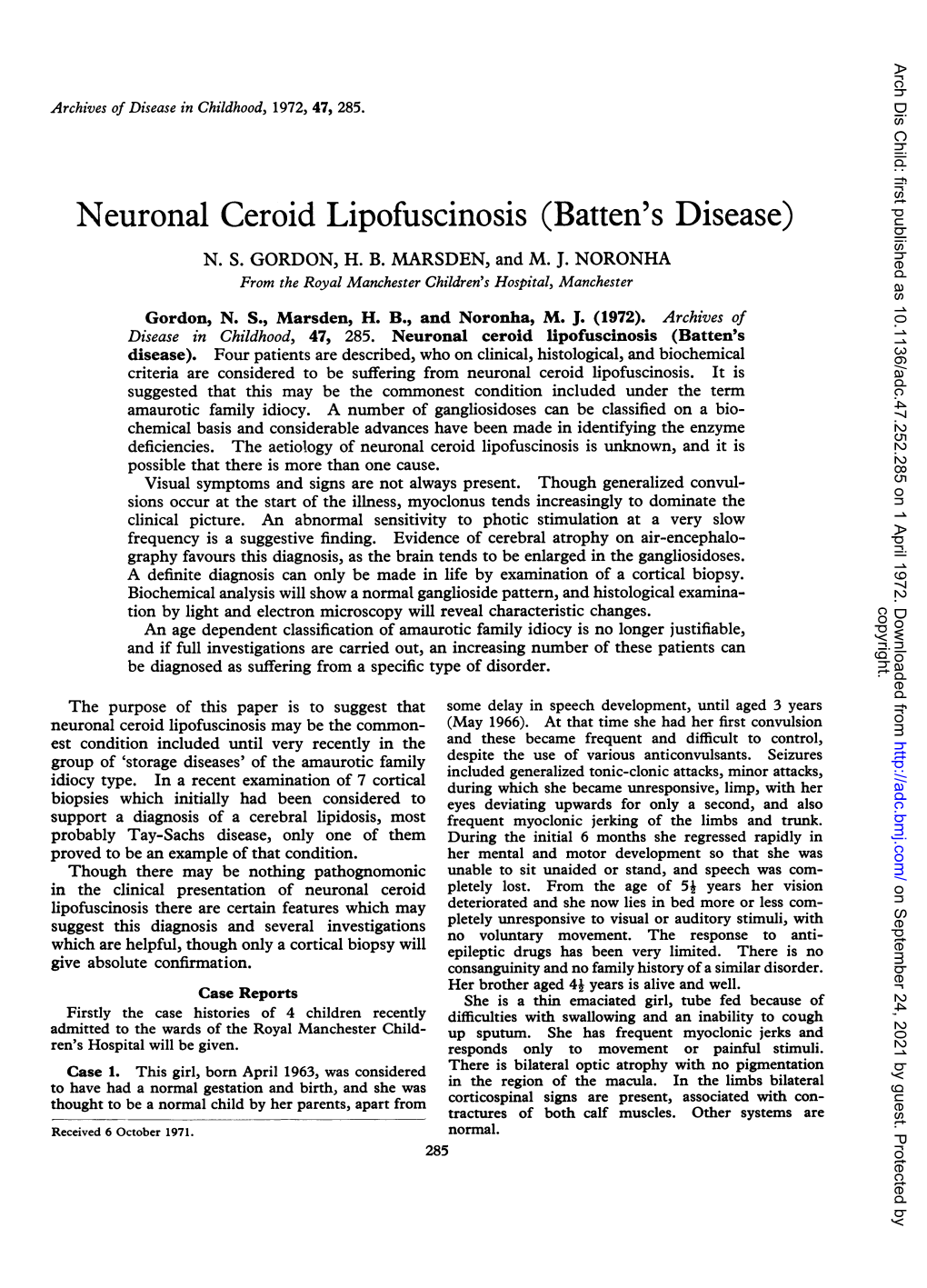 Neuronal Ceroid Lipofuscinosis (Batten's Disease) N