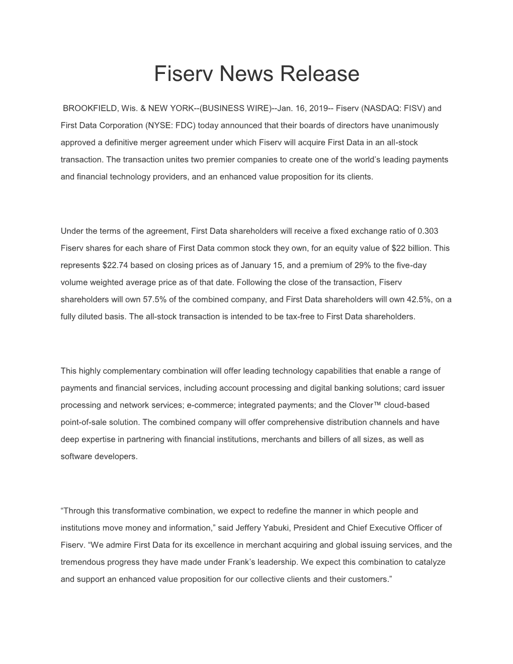 Fiserv News Release