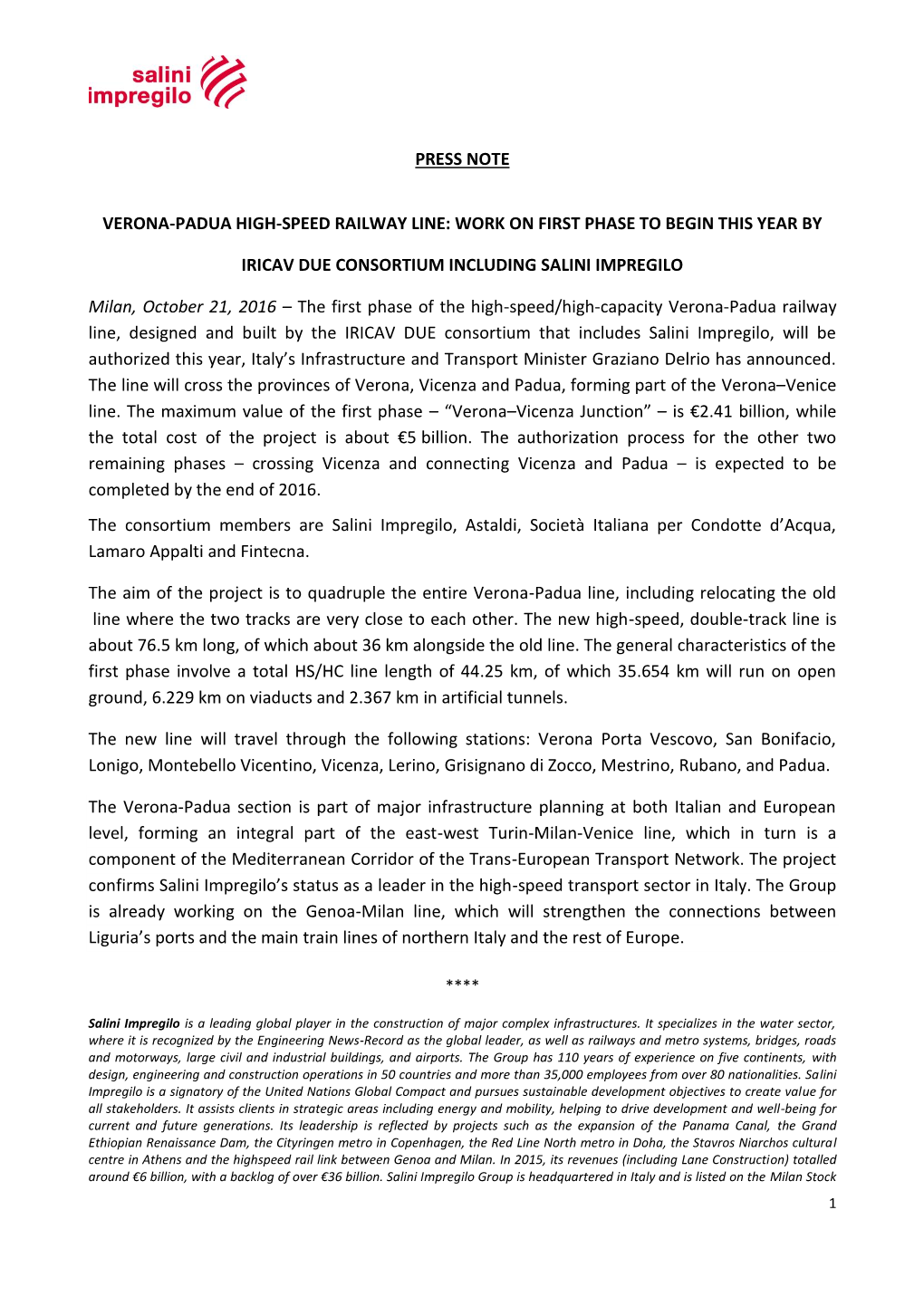 Press Note Verona-Padua High-Speed Railway Line