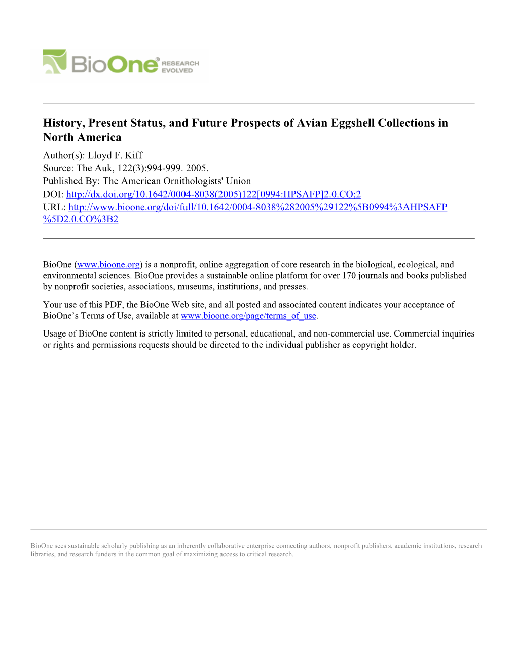 History, Present Status, and Future Prospects of Avian Eggshell Collections in North America Author(S): Lloyd F