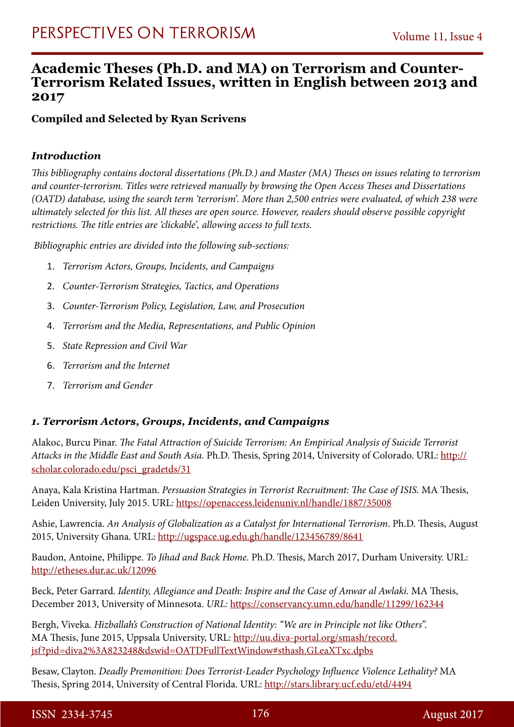 Academic Theses (Ph.D. and MA) on Terrorism and Counter- Terrorism Related Issues, Written in English Between 2013 and 2017 Compiled and Selected by Ryan Scrivens