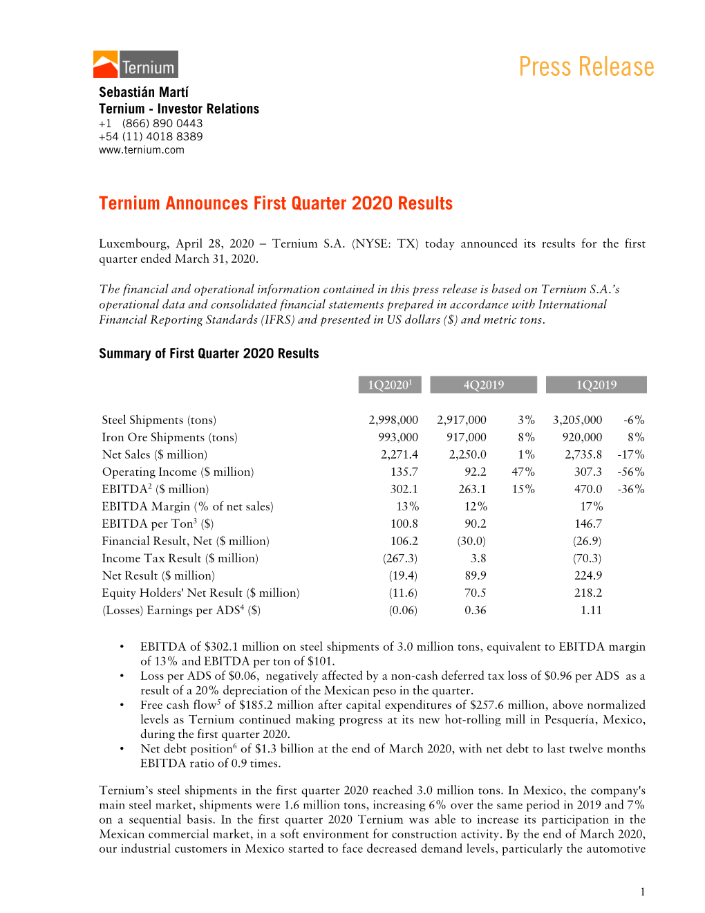 Ternium Announces First Quarter 2020 Results