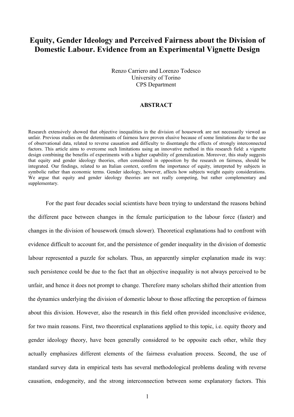 Equity, Gender Ideology and Perceived Fairness About the Division of Domestic Labour