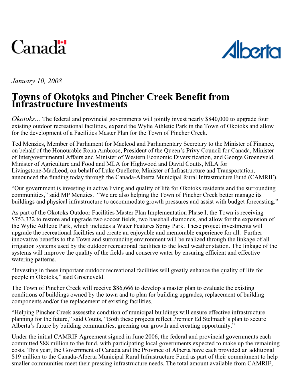 Towns of Okotoks and Pincher Creek Benefit from Infrastructure Investments