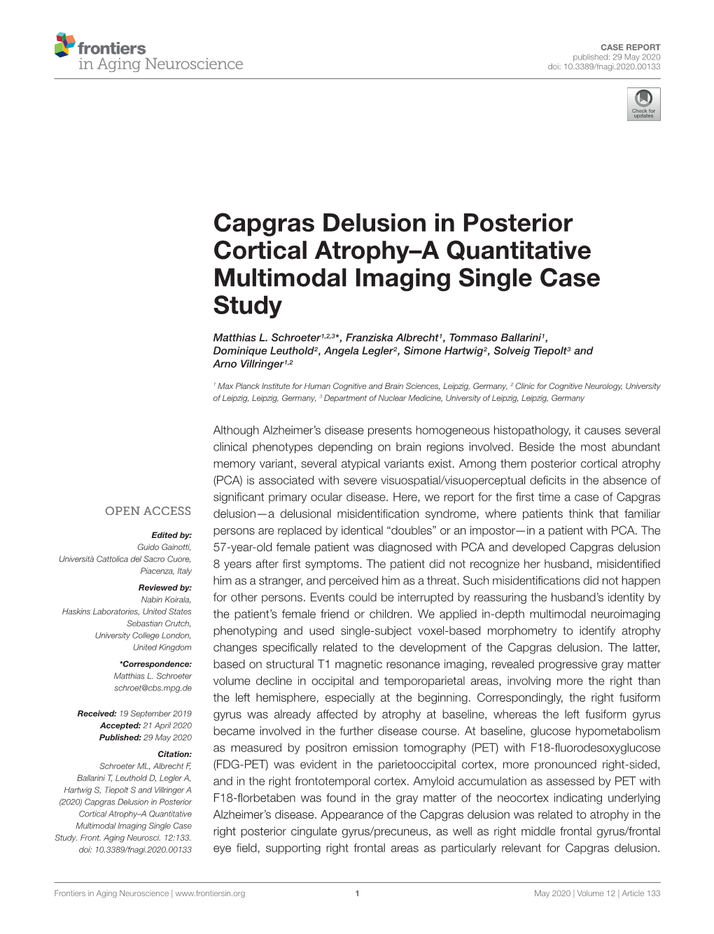 Capgras Delusion in Posterior Cortical Atrophy–A Quantitative Multimodal Imaging Single Case Study