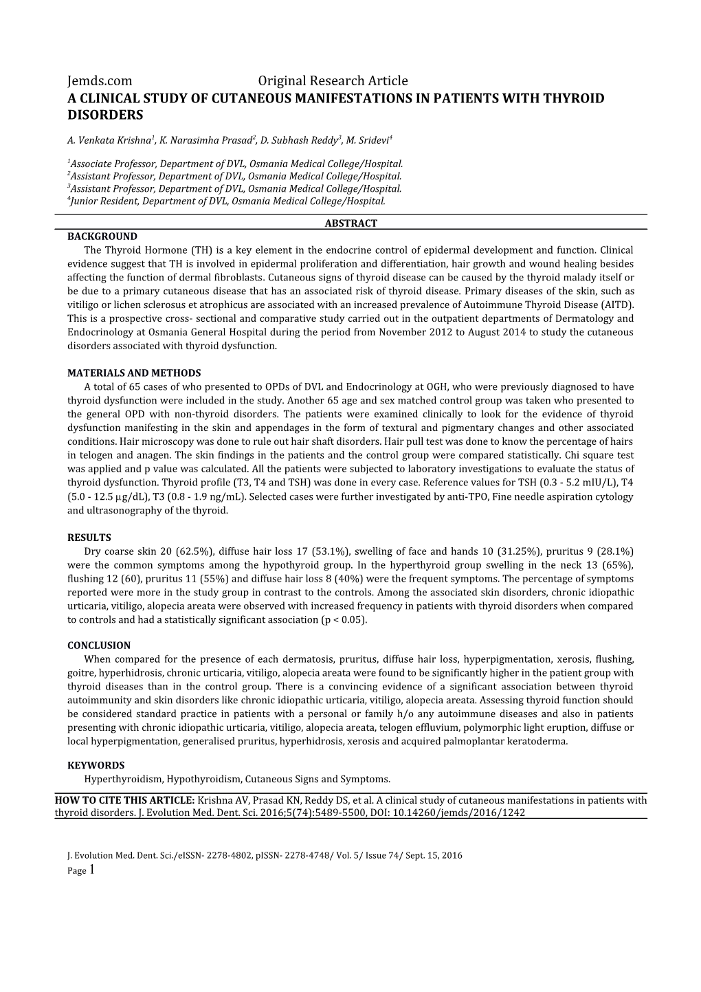 A Clinical Study of Cutaneous Manifestations in Patients with Thyroid Disorders