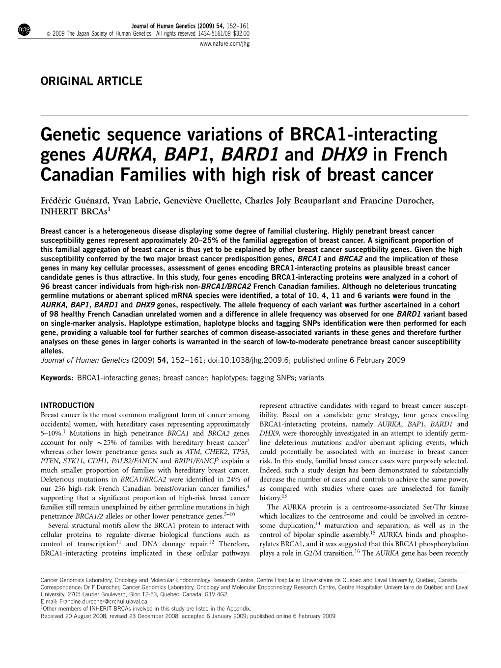 Genetic Sequence Variations of BRCA1-Interacting Genes AURKA, BAP1, BARD1 and DHX9 in French Canadian Families with High Risk of Breast Cancer