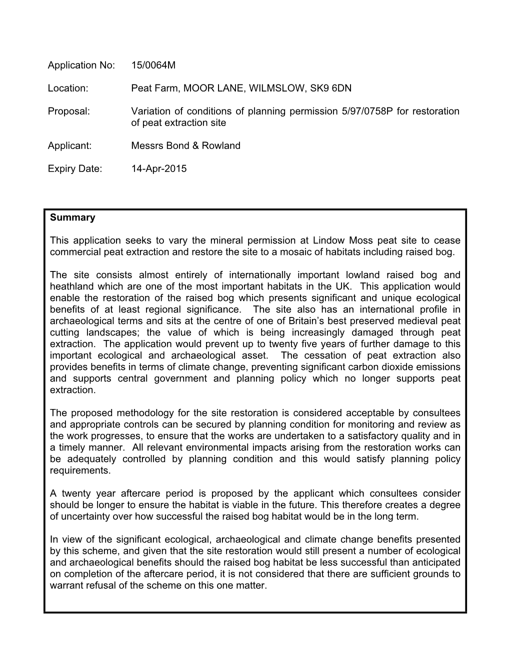 15/0064M-Variation of Conditions of Planning Permission 5/97/0758P For