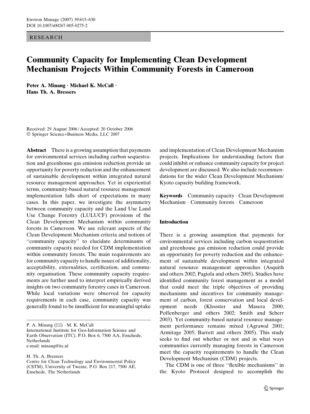 Community Capacity for Implementing Clean Development Mechanism Projects Within Community Forests in Cameroon