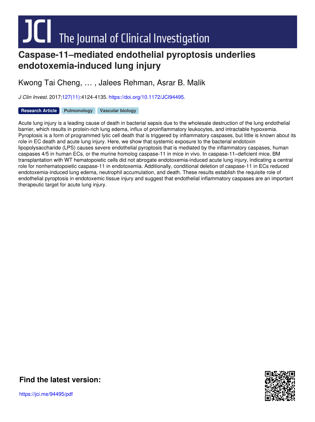 Caspase-11–Mediated Endothelial Pyroptosis Underlies Endotoxemia-Induced Lung Injury