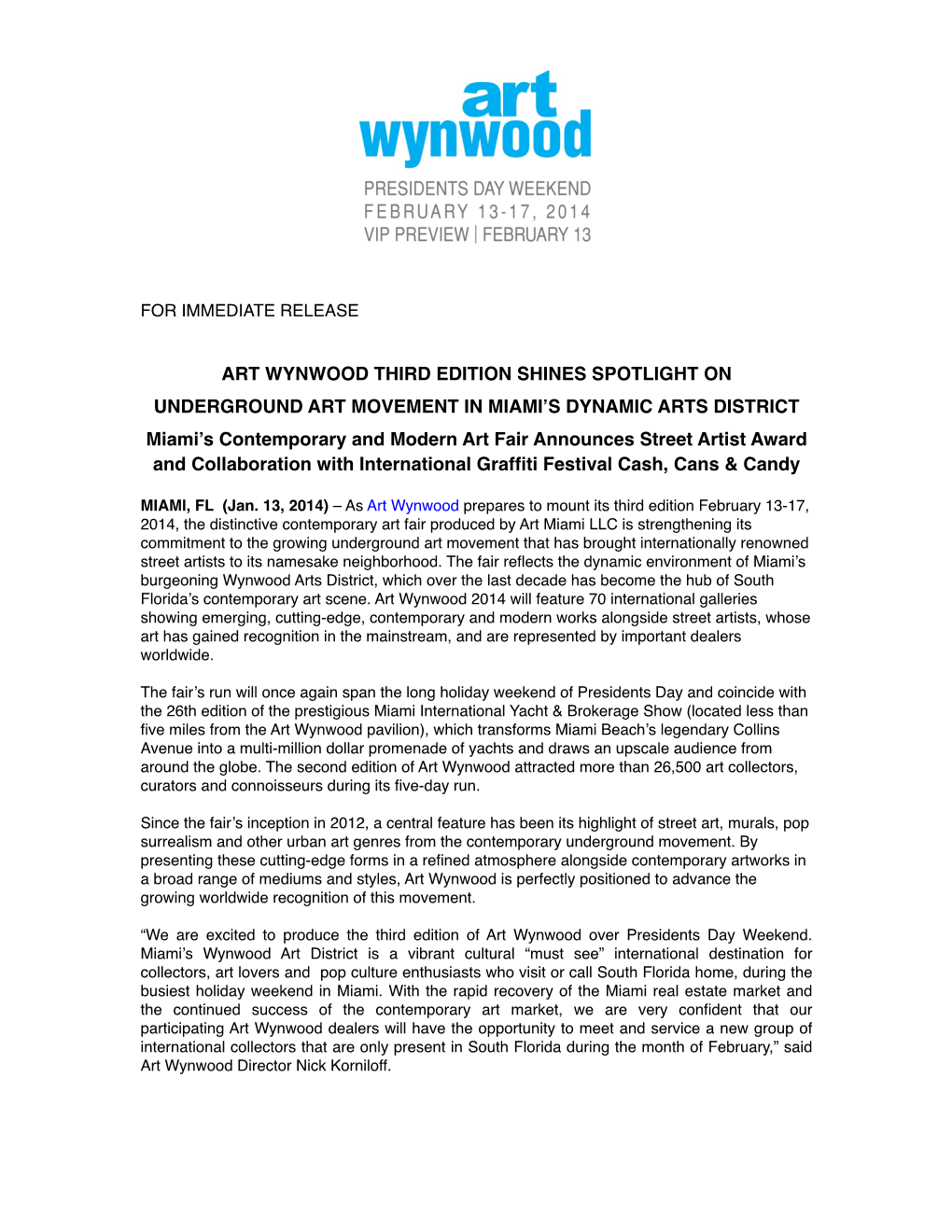 Art Wynwood 2014 Announcement Rel. FINAL Diana