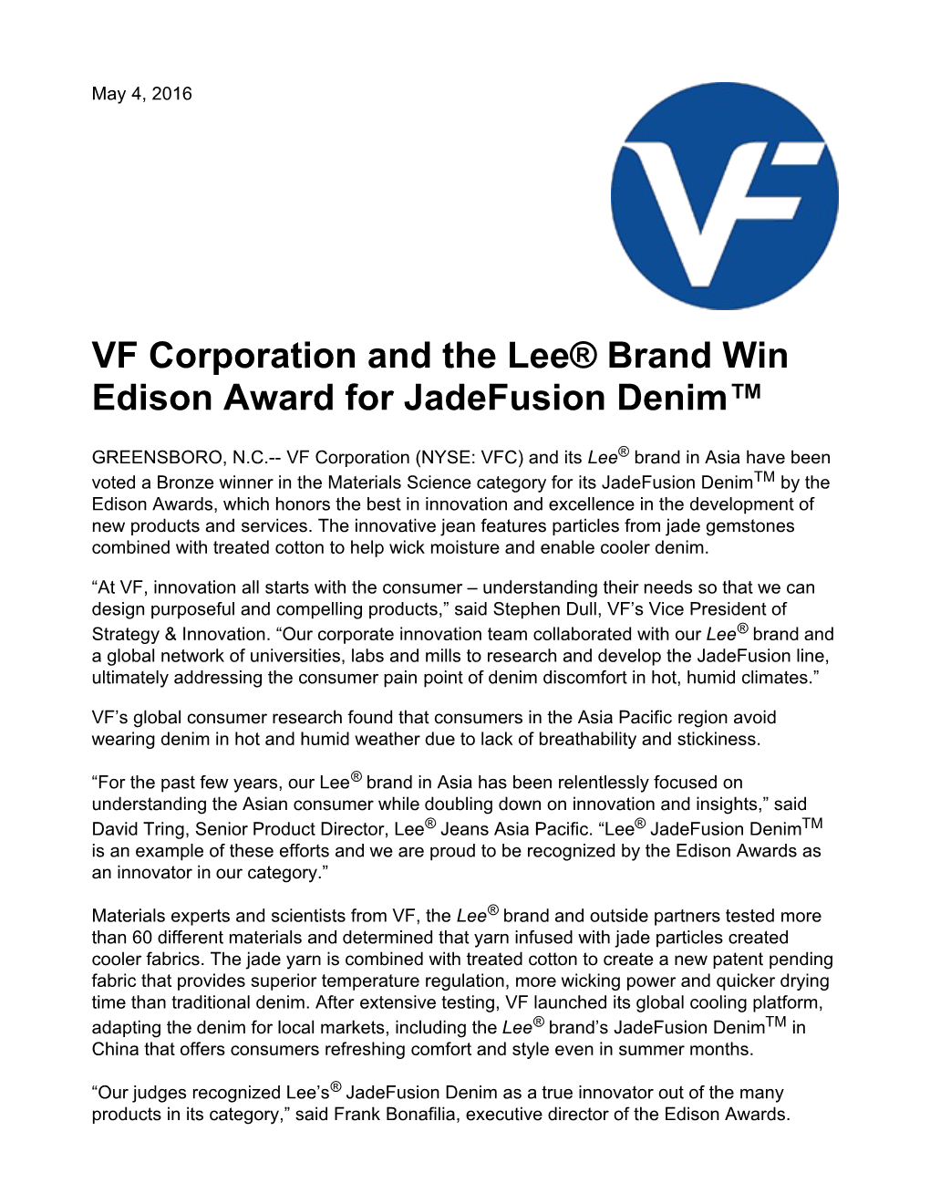 VF Corporation and the Lee® Brand Win Edison Award for Jadefusion Denim™