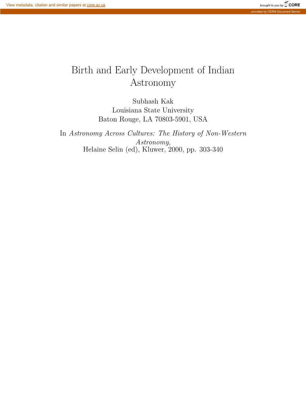 Birth and Early Development of Indian Astronomy
