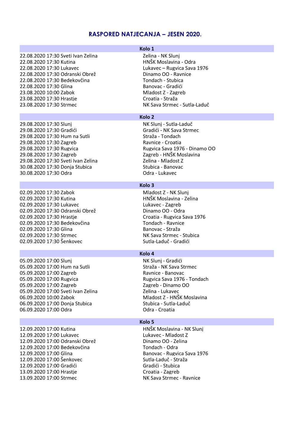 Raspored Natjecanja – Jesen 2020