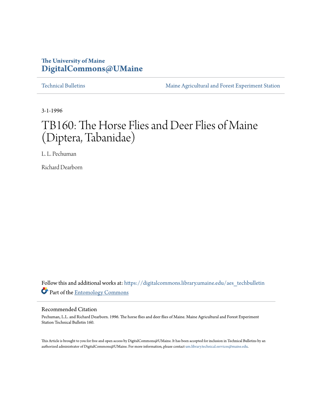 TB160: the Horse Flies and Deer Flies of Maine (Diptera, Tabanidae)