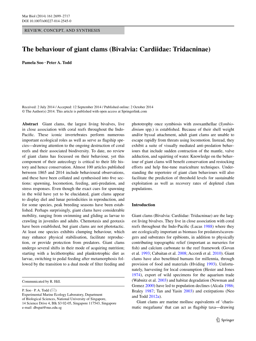 The Behaviour of Giant Clams (Bivalvia: Cardiidae: Tridacninae)