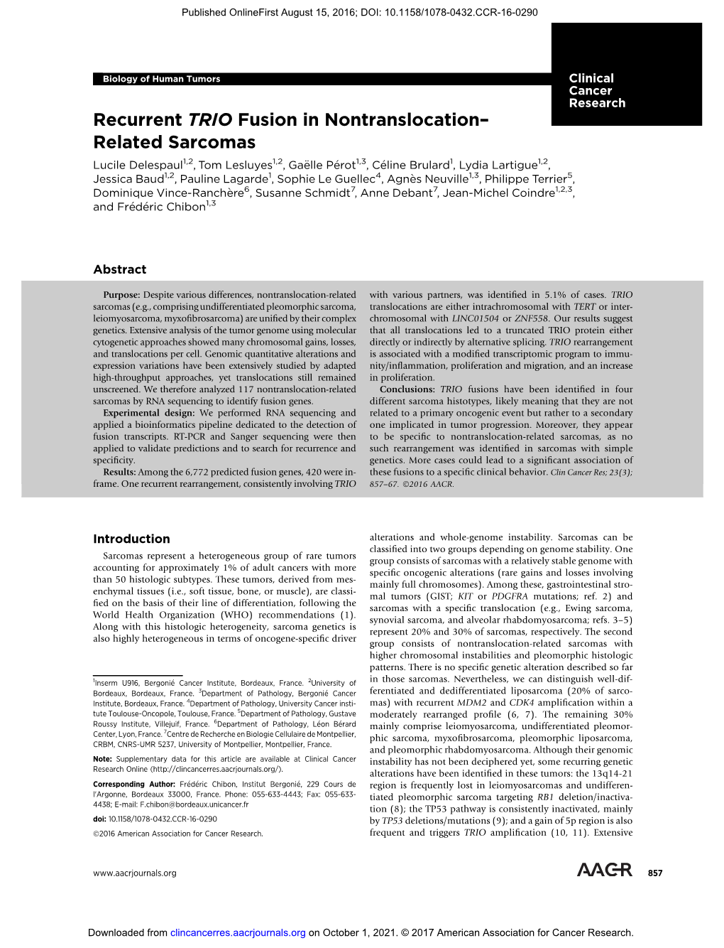 Recurrent TRIO Fusion in Nontranslocation– Related Sarcomas